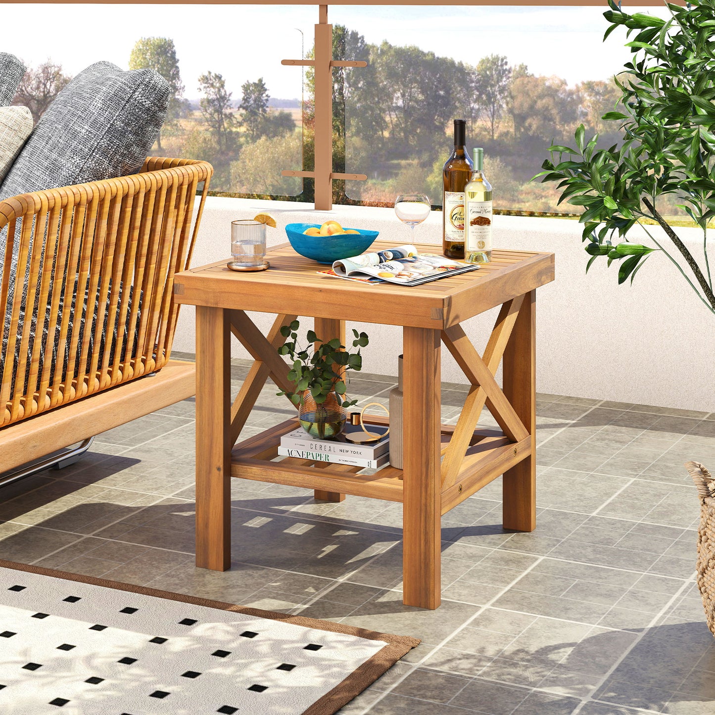 Outdoor Side Table With Storage Shelf, Natural Patio Coffee Tables at Gallery Canada