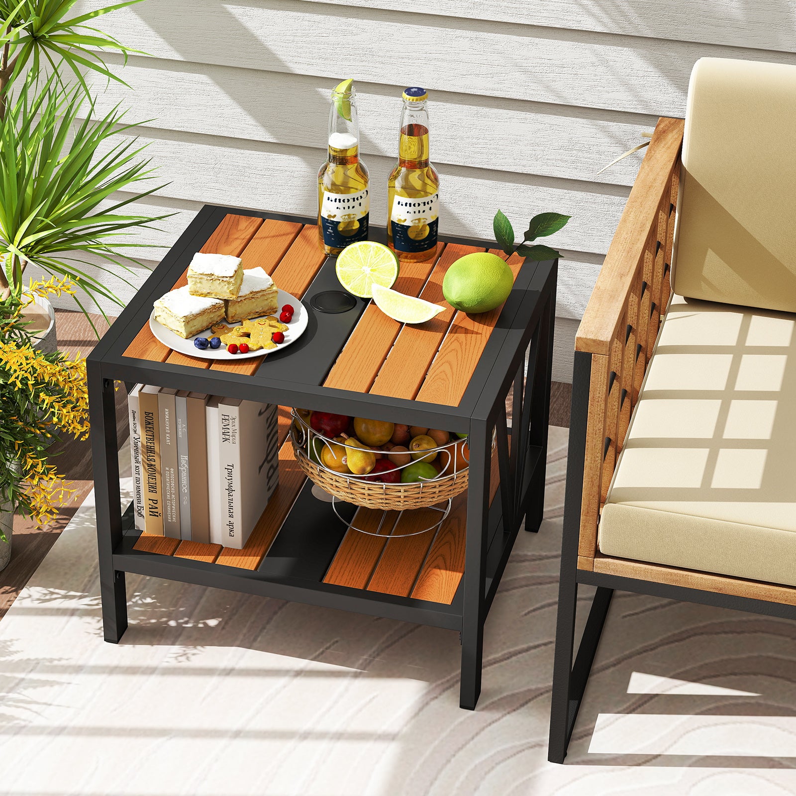 Outdoor Side Table With Umbrella Hole And Storage Shelf Patio Coffee Tables at Gallery Canada