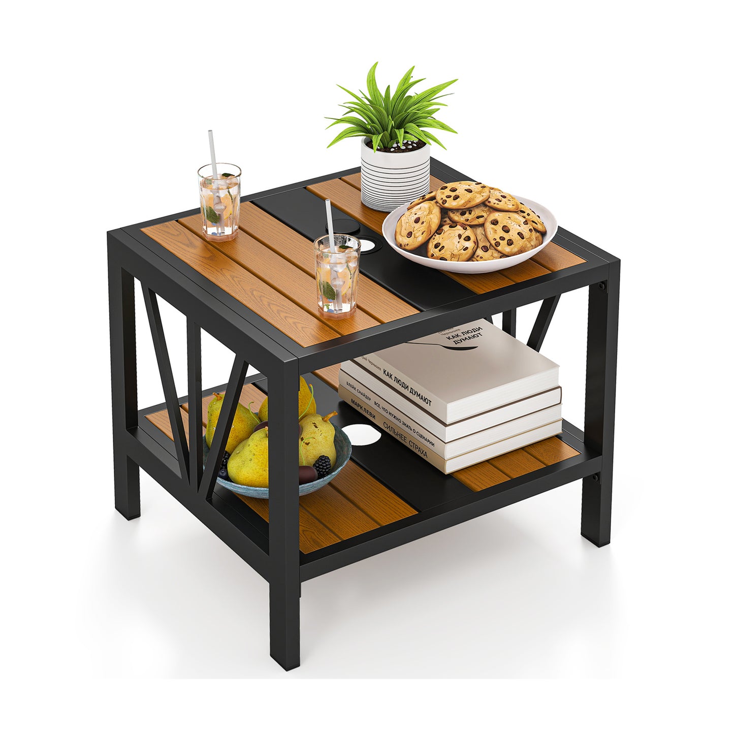 Outdoor Side Table With Umbrella Hole And Storage Shelf Patio Coffee Tables at Gallery Canada
