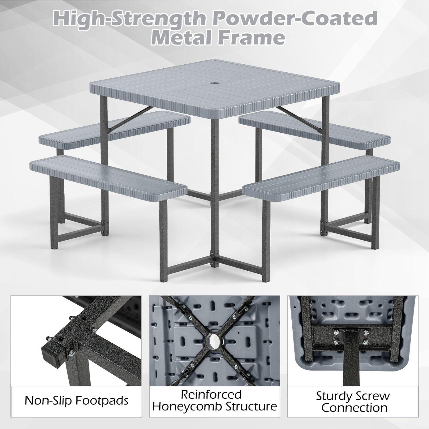 Square Picnic Table Bench Set, 4-8 People, Umbrella Hole, Gray Picnic Tables at Gallery Canada