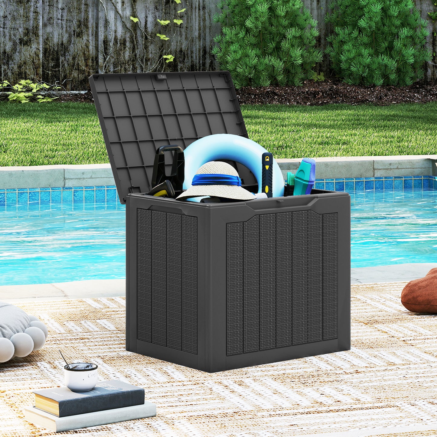 Outdoor Storage Box 25 Gallon Deck Box with Lockable Lid and Wicker-woven Texture, Black Garages at Gallery Canada