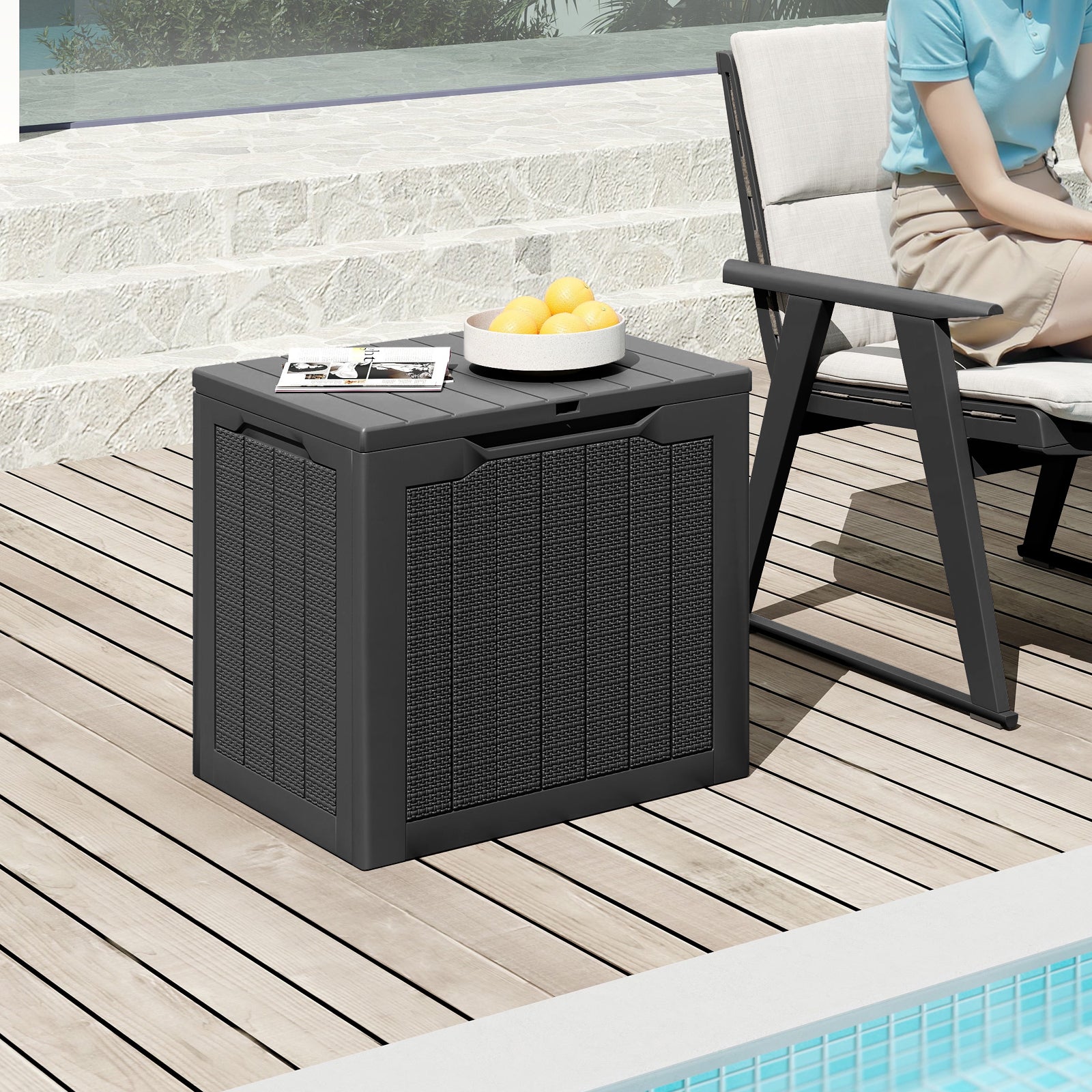 Outdoor Storage Box 25 Gallon Deck Box with Lockable Lid and Wicker-woven Texture, Black Garages at Gallery Canada