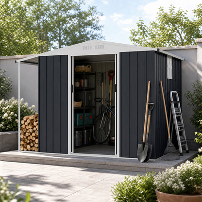 Abri de jardin extérieur, porte coulissante double verrouillable, compartiment à bois de chauffage, gris