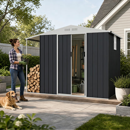 Abri de jardin extérieur, porte coulissante double verrouillable, compartiment à bois de chauffage, gris