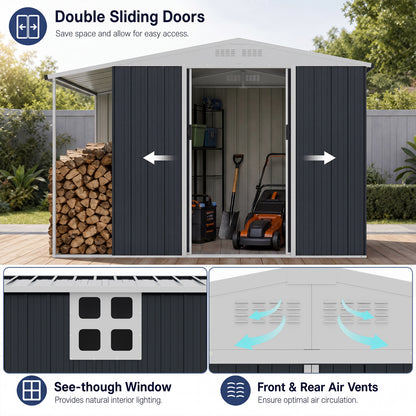 Abri de jardin extérieur, porte coulissante double verrouillable, compartiment à bois de chauffage, gris