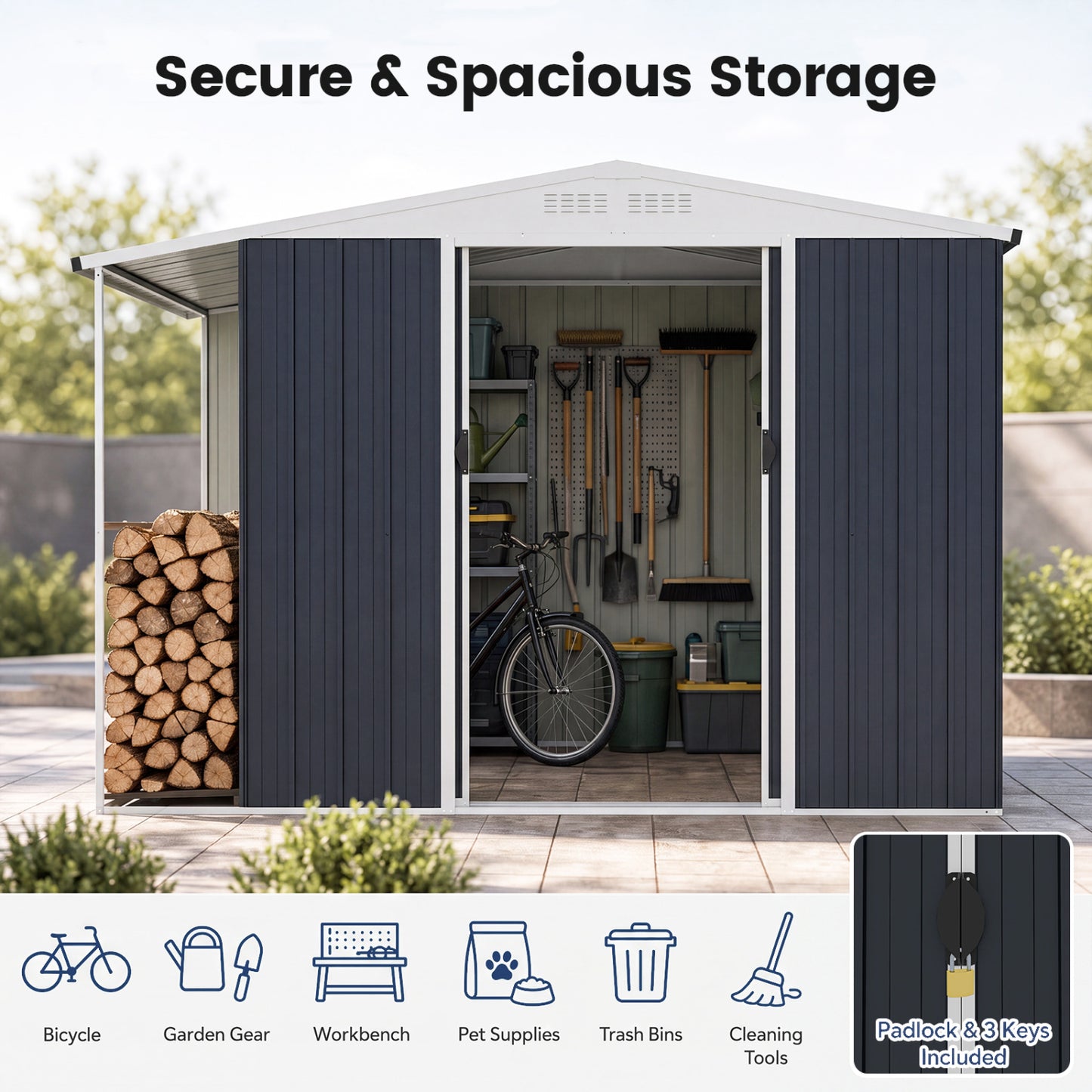 Abri de jardin extérieur, porte coulissante double verrouillable, compartiment à bois de chauffage, gris