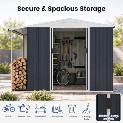 Abri de jardin extérieur, porte coulissante double verrouillable, compartiment à bois de chauffage, gris