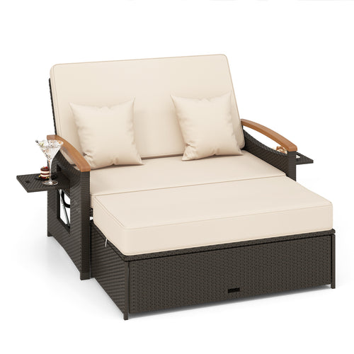Outdoor Wicker Daybed With Folding Panels, Storage Ottoman, Beige