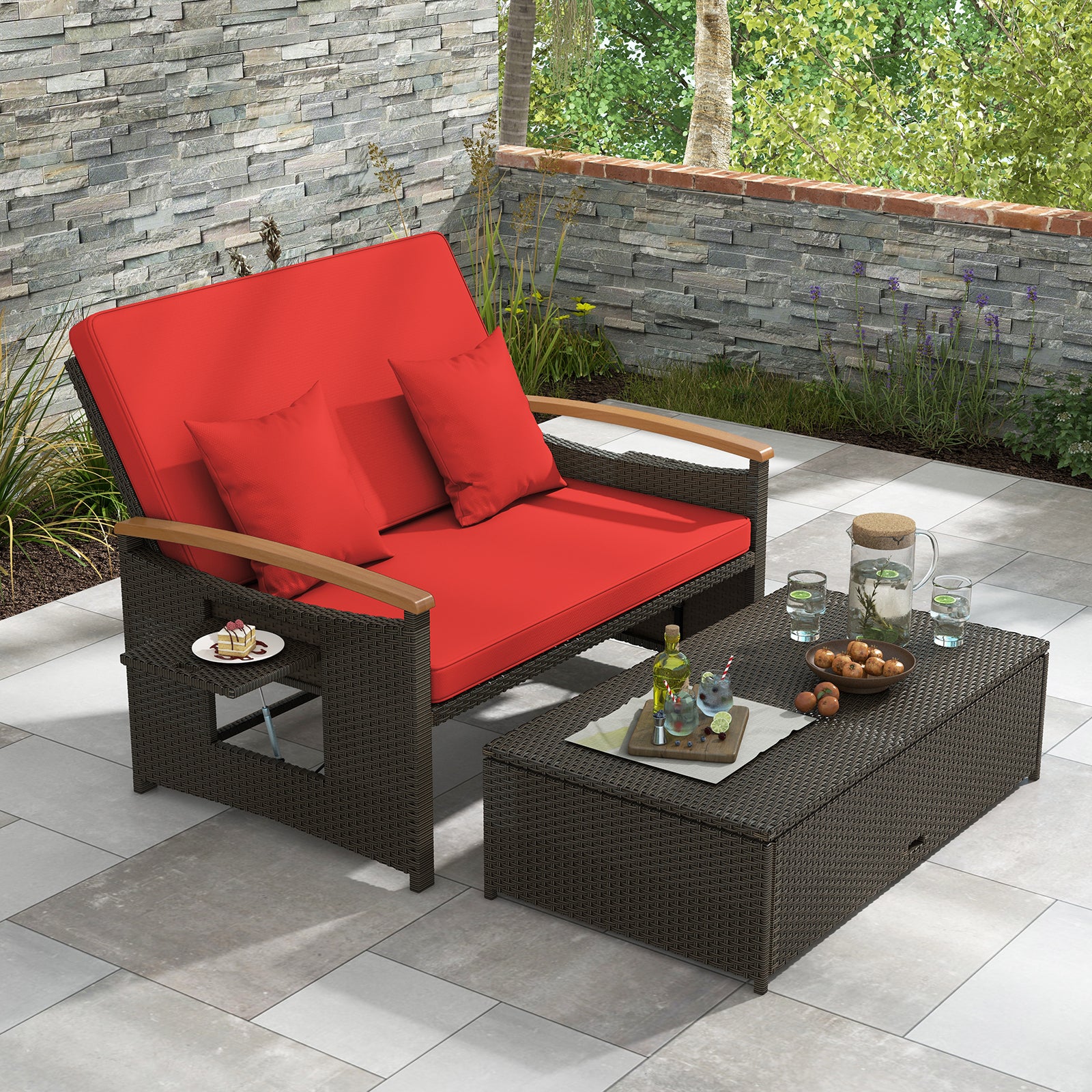 Outdoor Wicker Daybed With Folding Panels, Storage Ottoman, Red Outdoor Seating & Patio Chairs at Gallery Canada