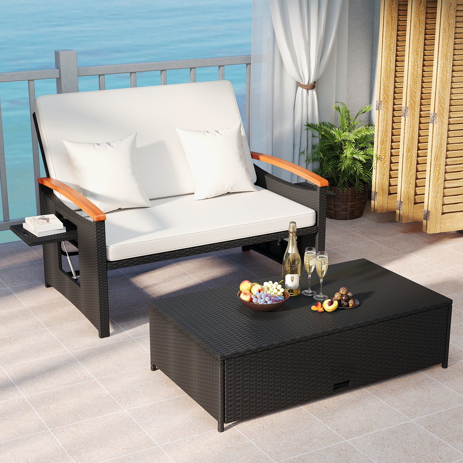 Outdoor Wicker Daybed with Folding Panels and Storage Ottoman, White Outdoor Seating & Patio Chairs at Gallery Canada