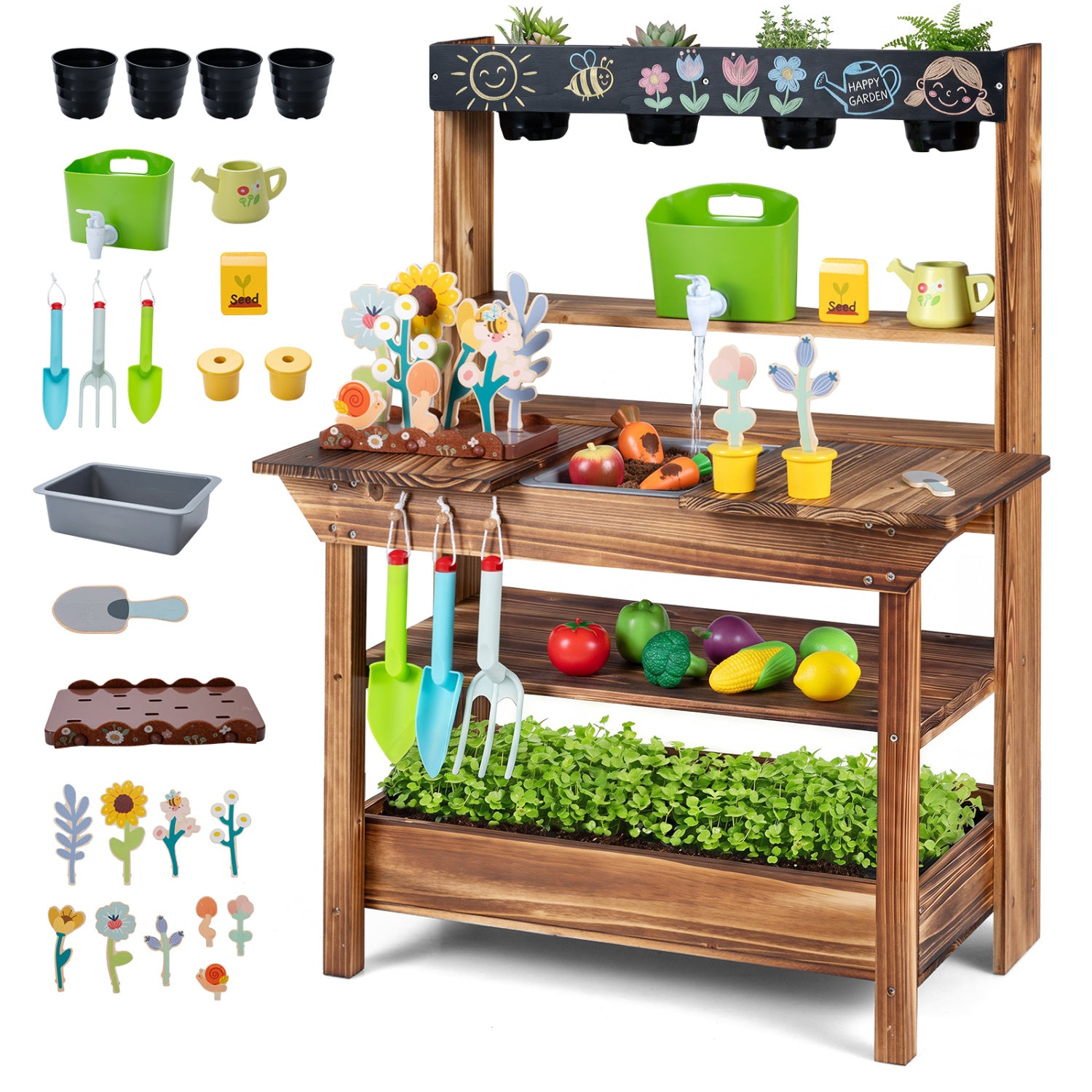 Wood Mud Kitchen with Faucet & Planter, Brown Play Kitchen Sets at Gallery Canada