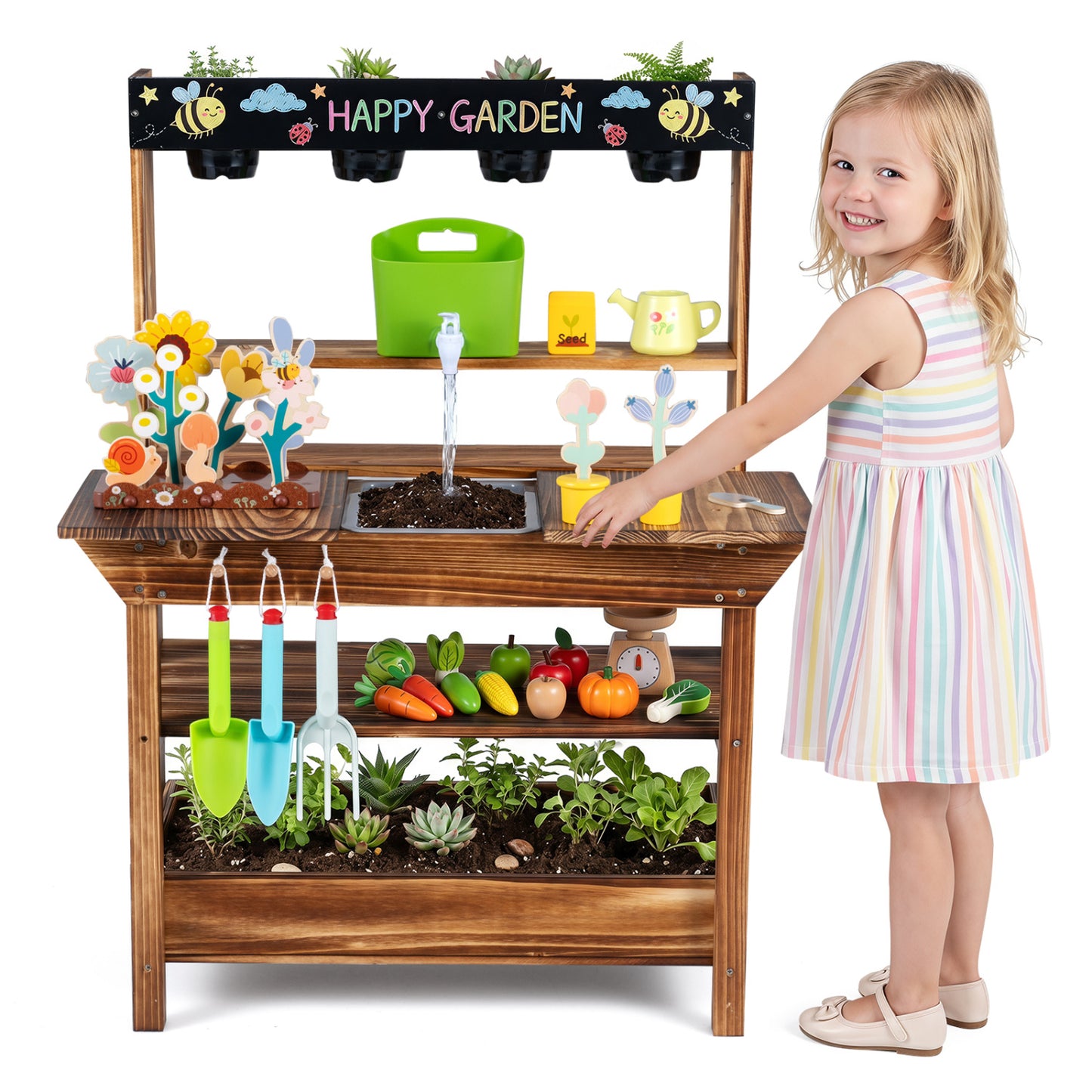 Wood Mud Kitchen with Faucet & Planter, Brown Play Kitchen Sets at Gallery Canada