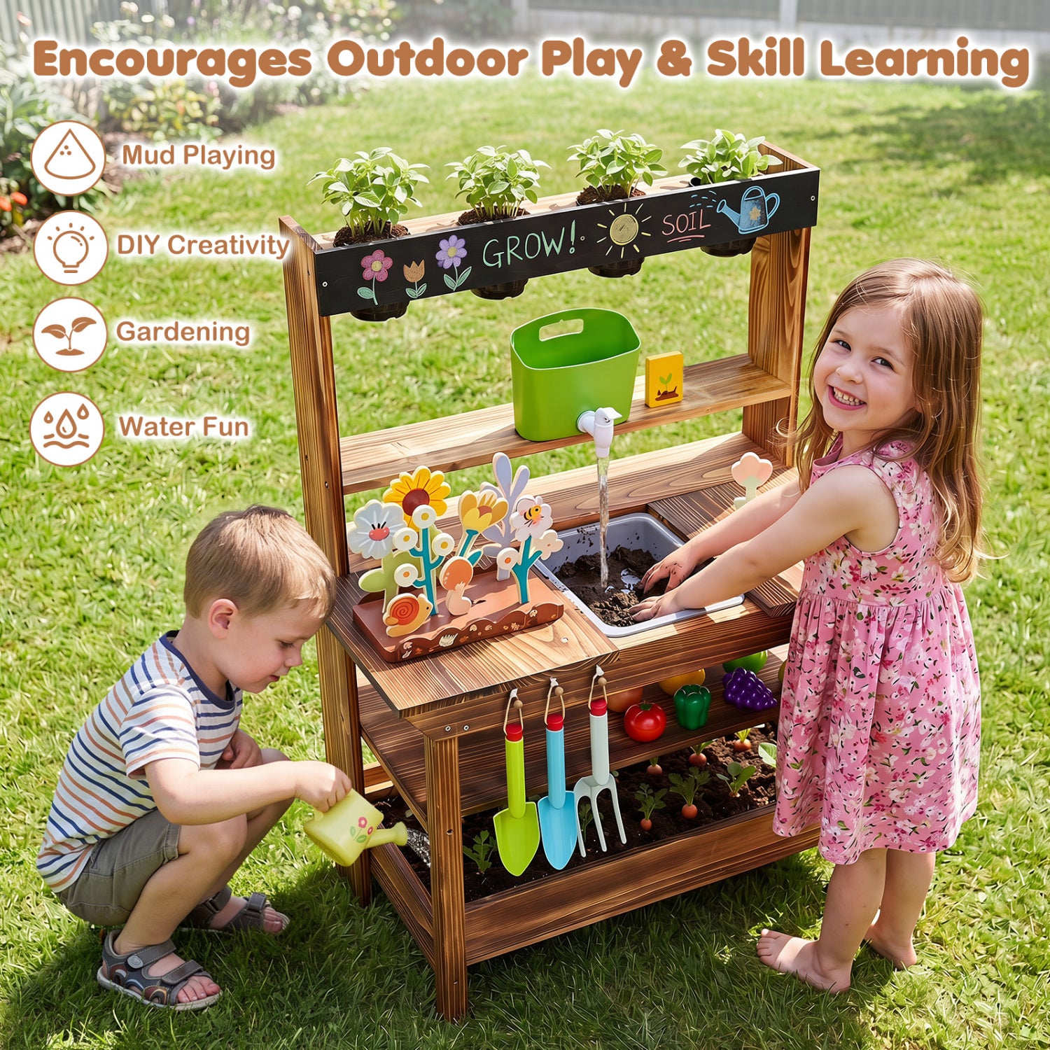 Wood Mud Kitchen with Faucet & Planter, Brown Play Kitchen Sets at Gallery Canada