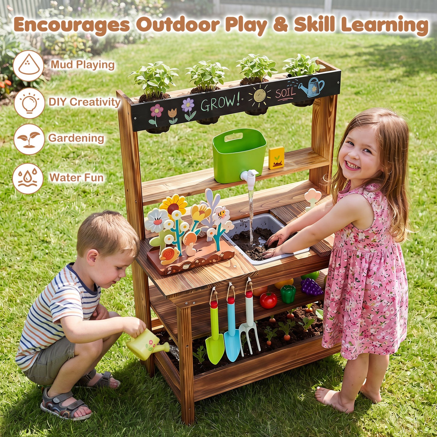 Wood Mud Kitchen with Faucet & Planter, Brown Play Kitchen Sets at Gallery Canada