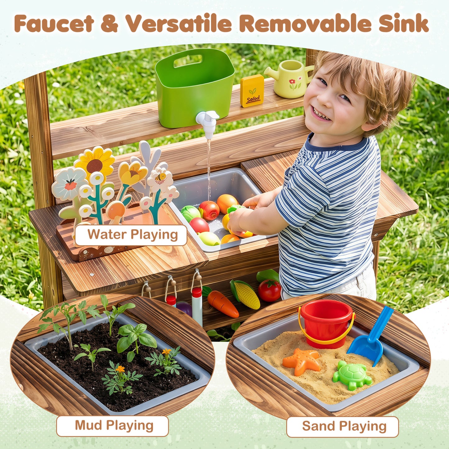 Wood Mud Kitchen with Faucet & Planter, Brown Play Kitchen Sets at Gallery Canada