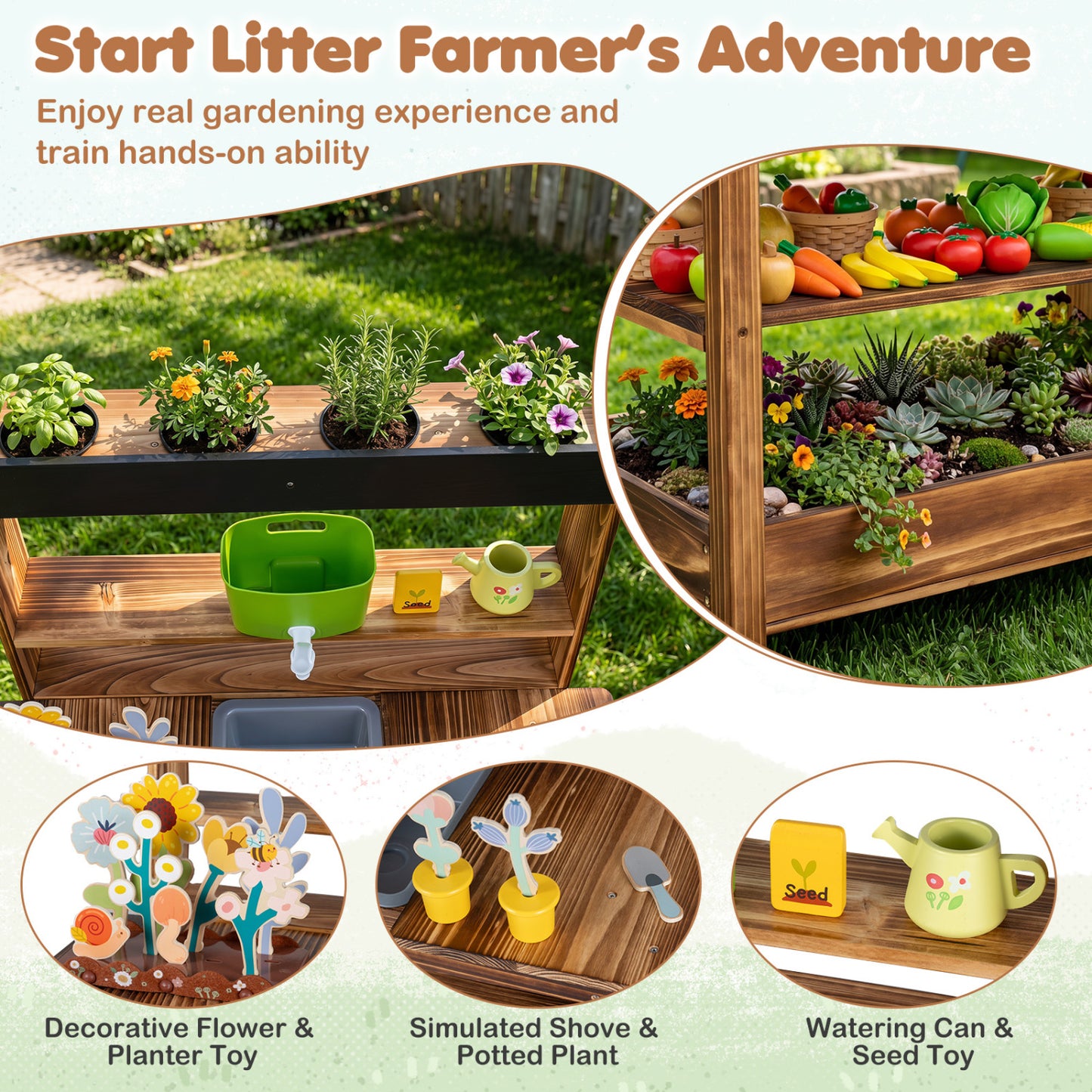 Wood Mud Kitchen with Faucet & Planter, Brown Play Kitchen Sets at Gallery Canada