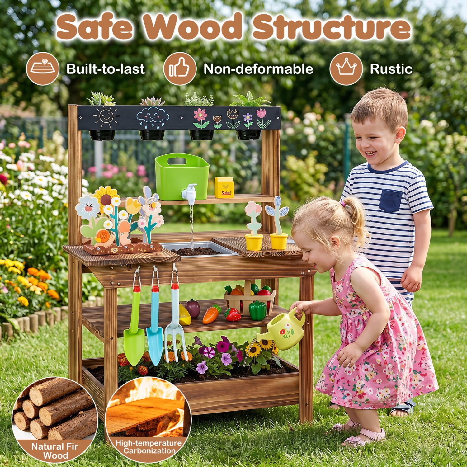 Wood Mud Kitchen with Faucet & Planter, Brown Play Kitchen Sets at Gallery Canada