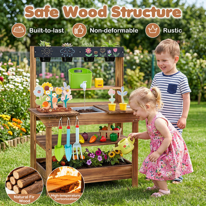 Wood Mud Kitchen with Faucet & Planter, Brown Play Kitchen Sets at Gallery Canada