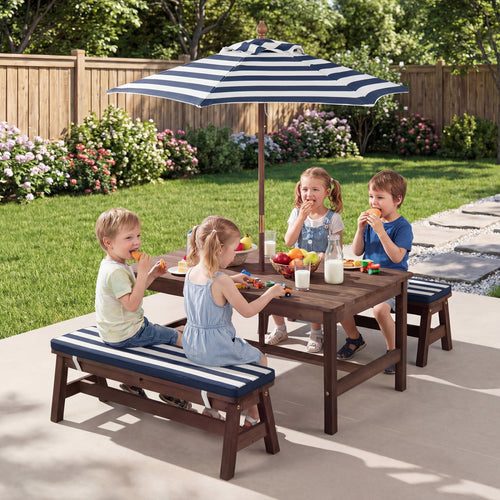 Kids Picnic Table, Outdoor Wooden, Removable Umbrella And Cushions