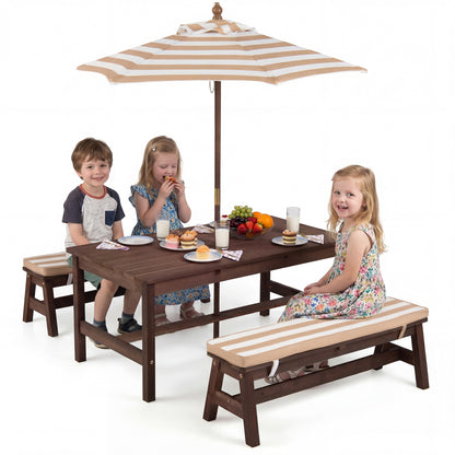 Outdoor Wooden Kids Picnic Table, Removable Umbrella, Cushions, Coffee Kids Table & Chair Sets at Gallery Canada