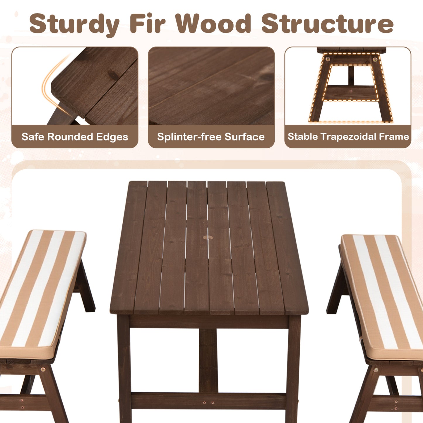 Outdoor Wooden Kids Picnic Table, Removable Umbrella, Cushions, Coffee Kids Table & Chair Sets at Gallery Canada