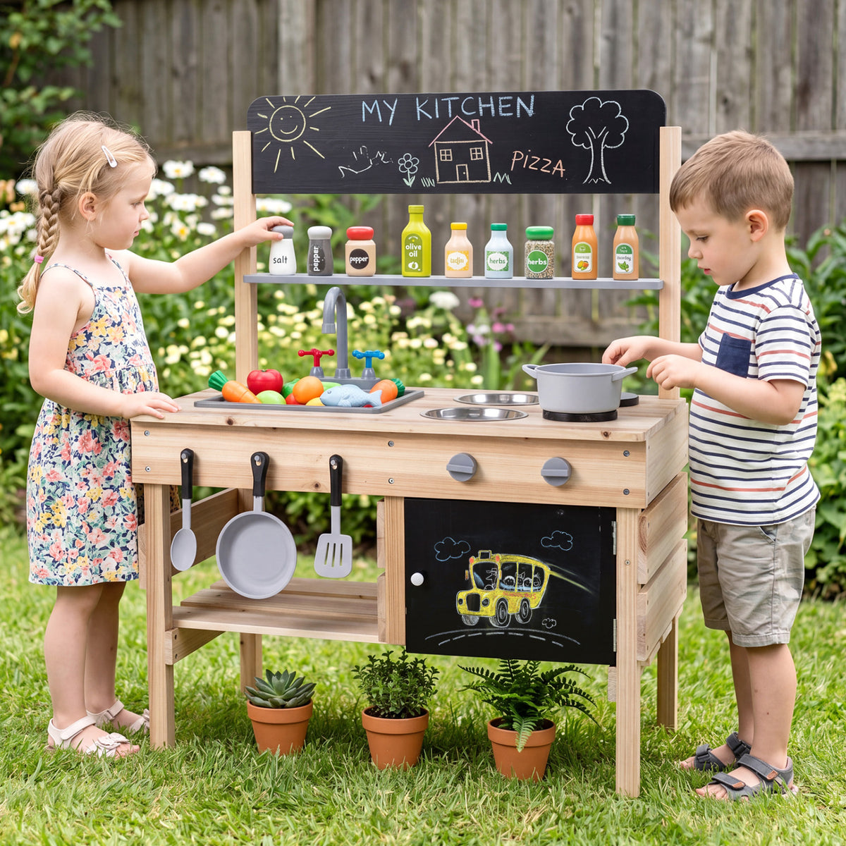 Outdoor Wooden Mud Kitchen for Kids with Sink and Stoves, Natural Play Kitchen Sets at Gallery Canada
