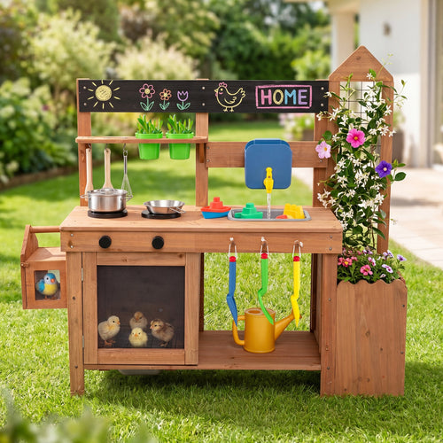 Wooden Mud Kitchen with Planter Box and Sink, Natural