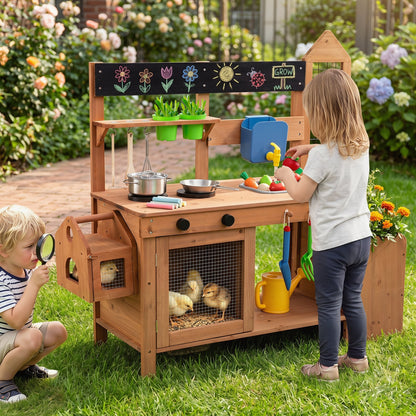 Wooden Mud Kitchen with Planter Box and Sink, Natural Play Kitchen Sets at Gallery Canada