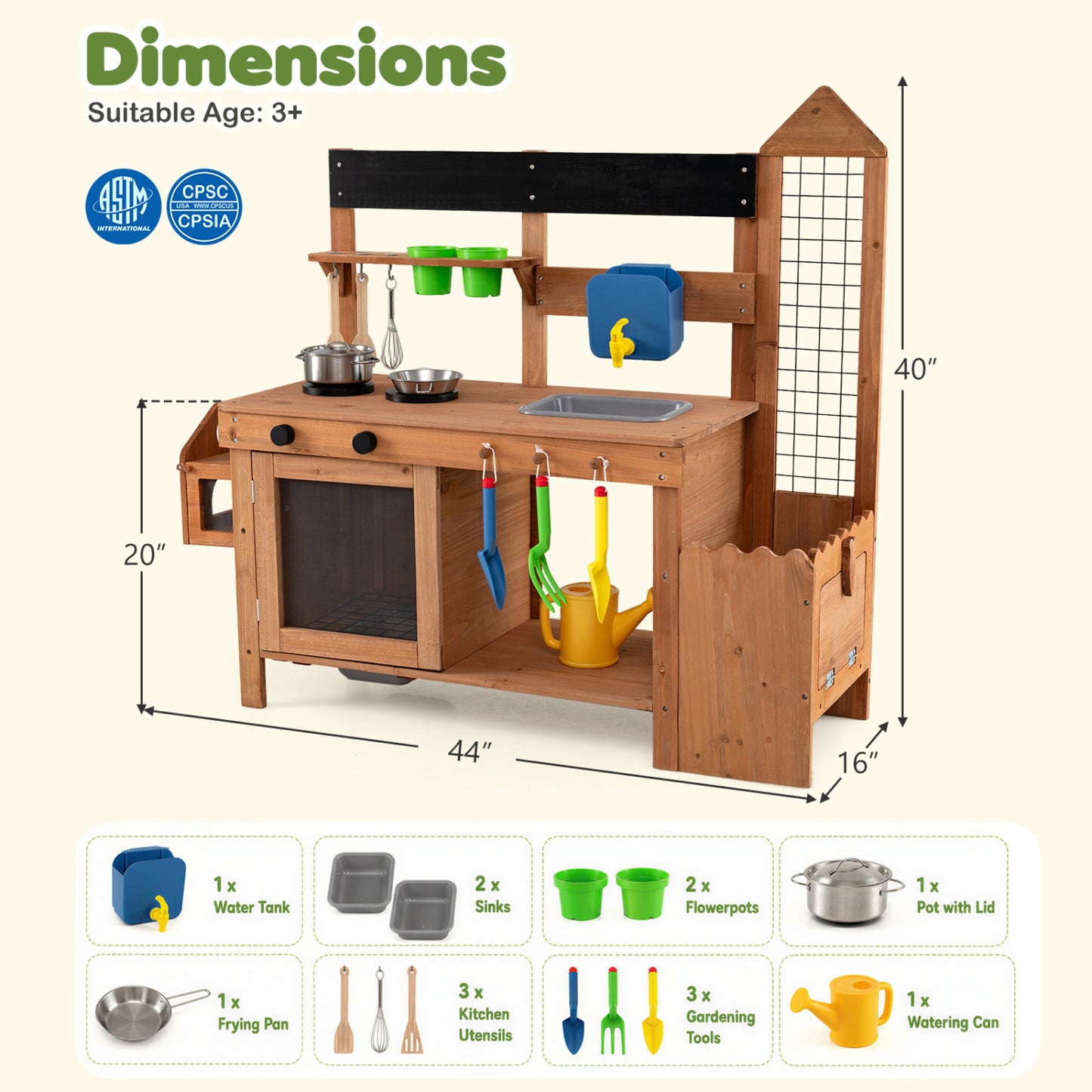 Wooden Mud Kitchen with Planter Box and Sink, Natural Play Kitchen Sets at Gallery Canada