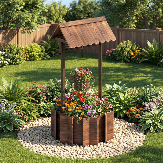 Outdoor Wooden Wishing Well Planter Bucket, Natural Outdoor Decor Natural at Gallery Canada