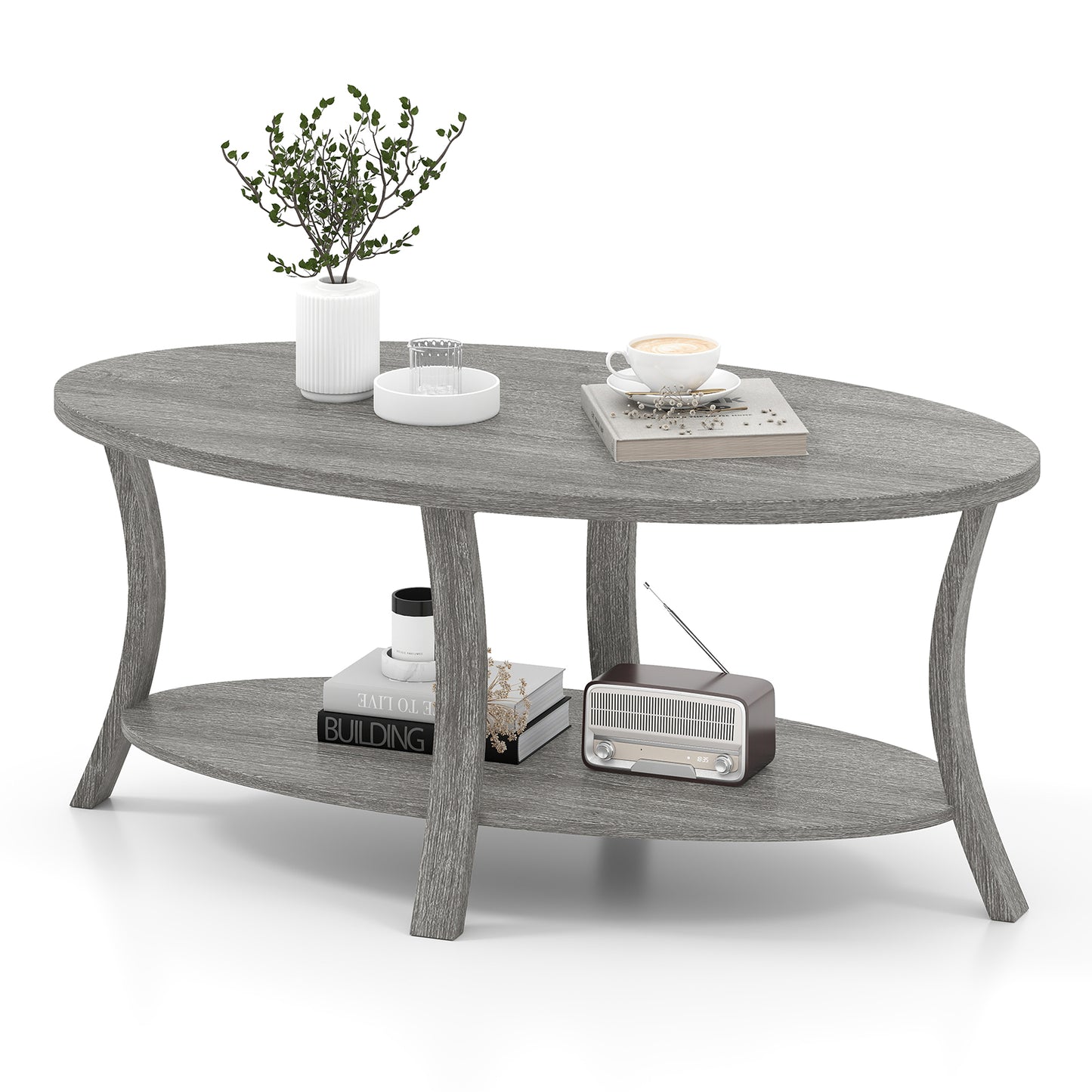 Oval Coffee Table, 2-Tier With Storage Shelf, Gray Coffee Tables at Gallery Canada