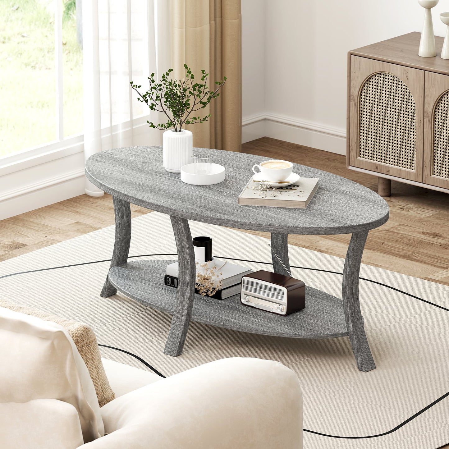 Oval Coffee Table, 2-Tier With Storage Shelf, Gray Coffee Tables at Gallery Canada