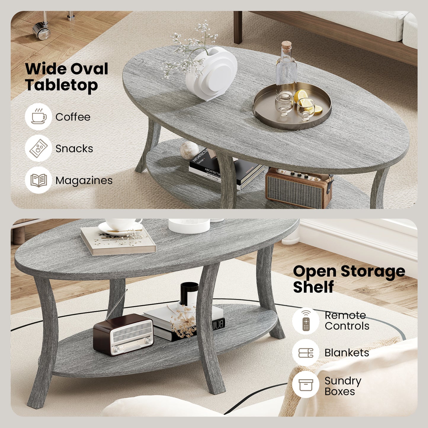 Oval Coffee Table, 2-Tier With Storage Shelf, Gray Coffee Tables at Gallery Canada