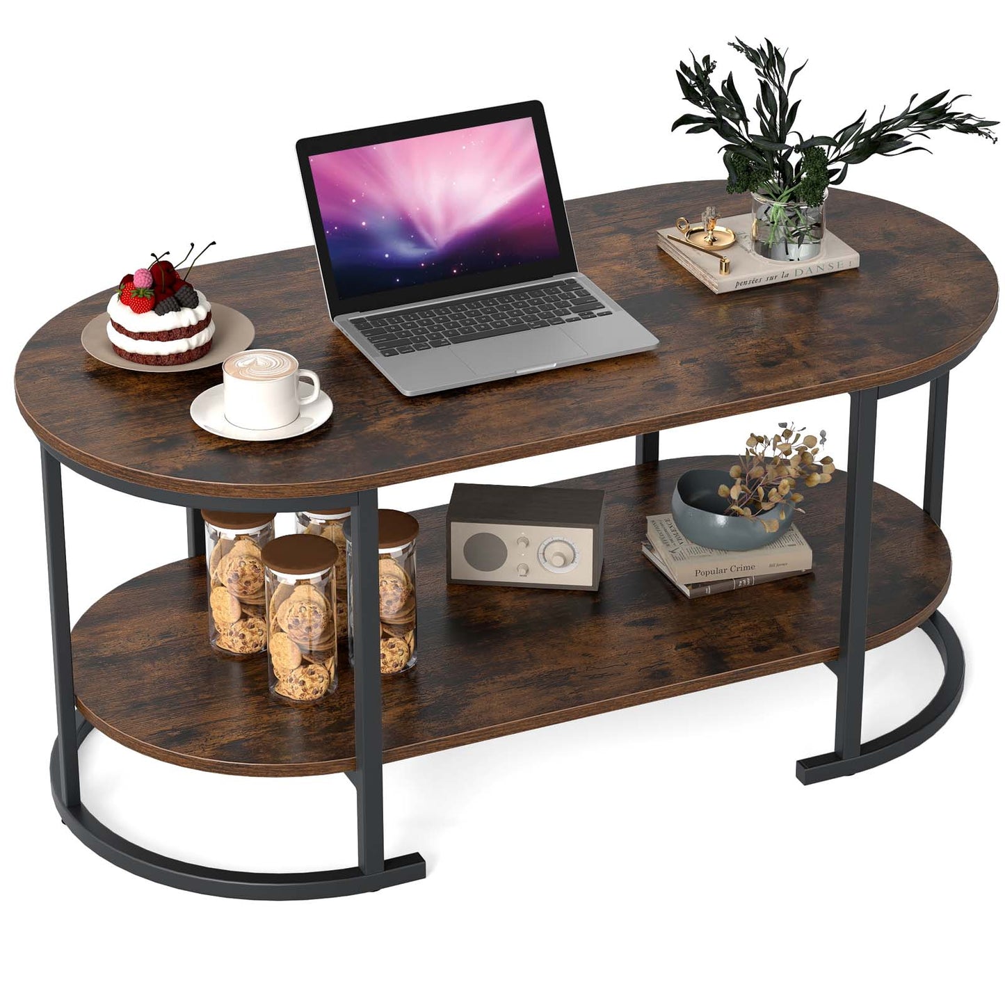 Oval Coffee Table, 2-Tier Wooden Accent Table, Rustic Brown Coffee Tables at Gallery Canada