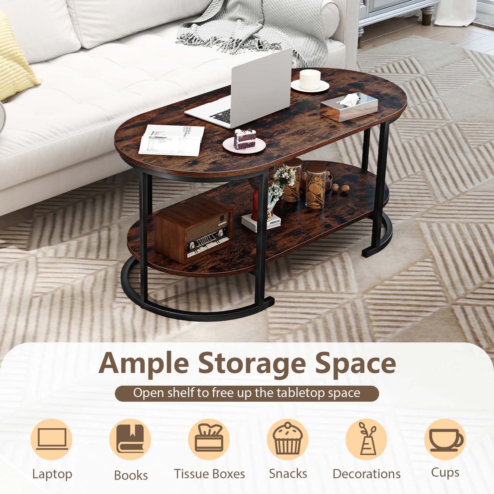 Oval Coffee Table, 2-Tier Wooden Accent Table, Rustic Brown Coffee Tables at Gallery Canada