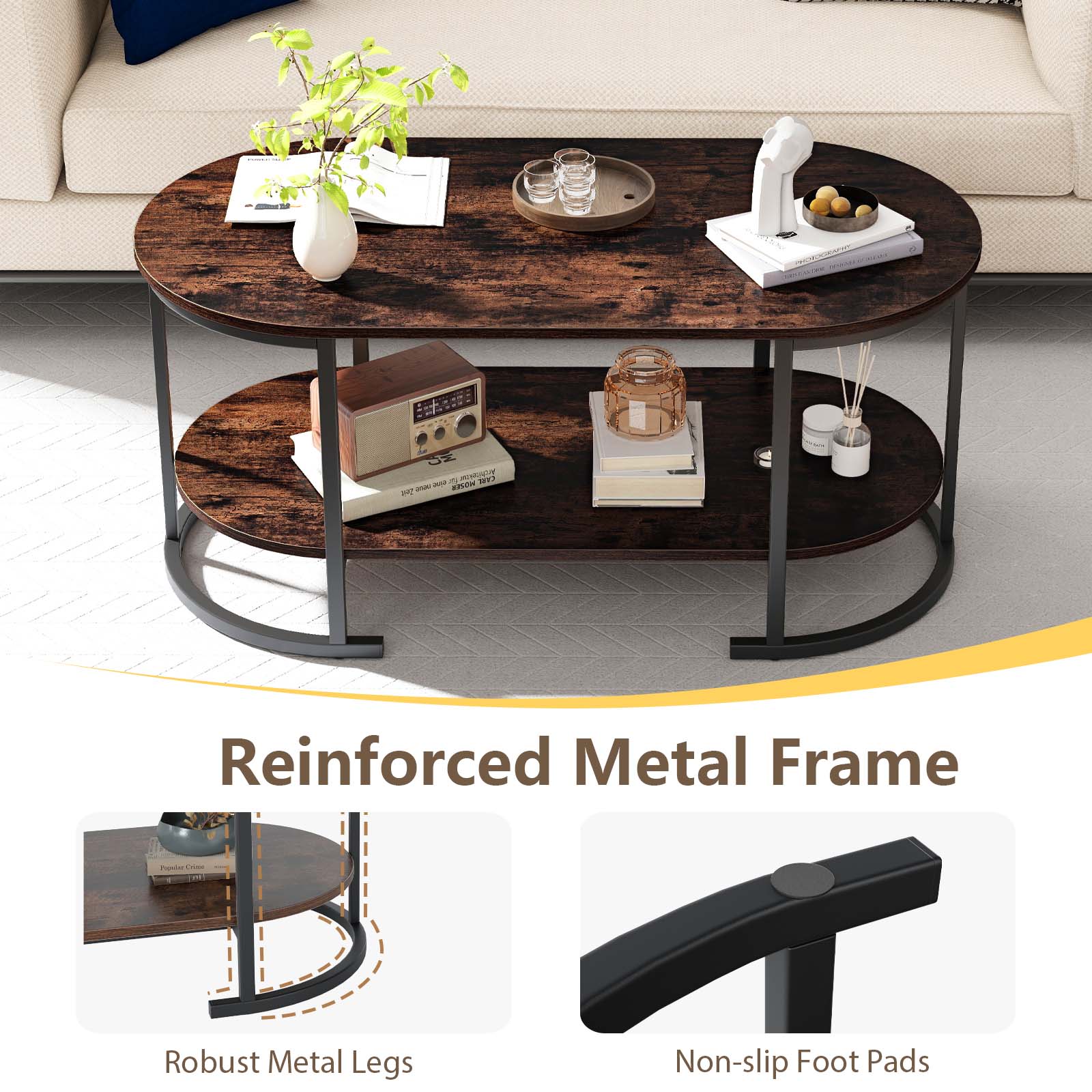 Oval Coffee Table, 2-Tier Wooden Accent Table, Rustic Brown Coffee Tables at Gallery Canada