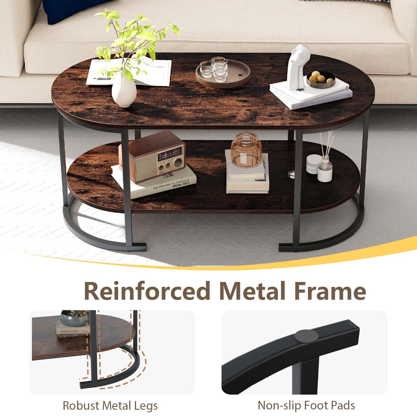 Oval Coffee Table, 2-Tier Wooden Accent Table, Rustic Brown Coffee Tables at Gallery Canada