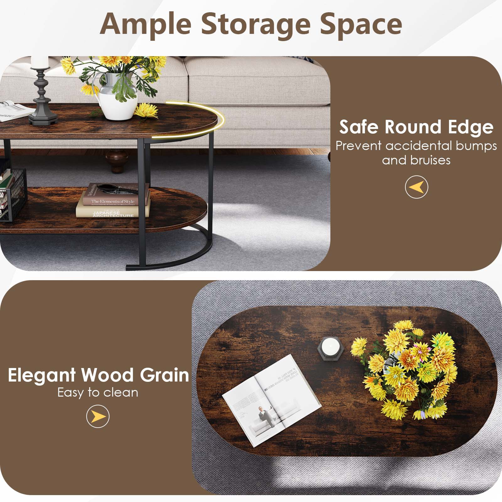 Oval Coffee Table, 2-Tier Wooden Accent Table, Rustic Brown Coffee Tables at Gallery Canada