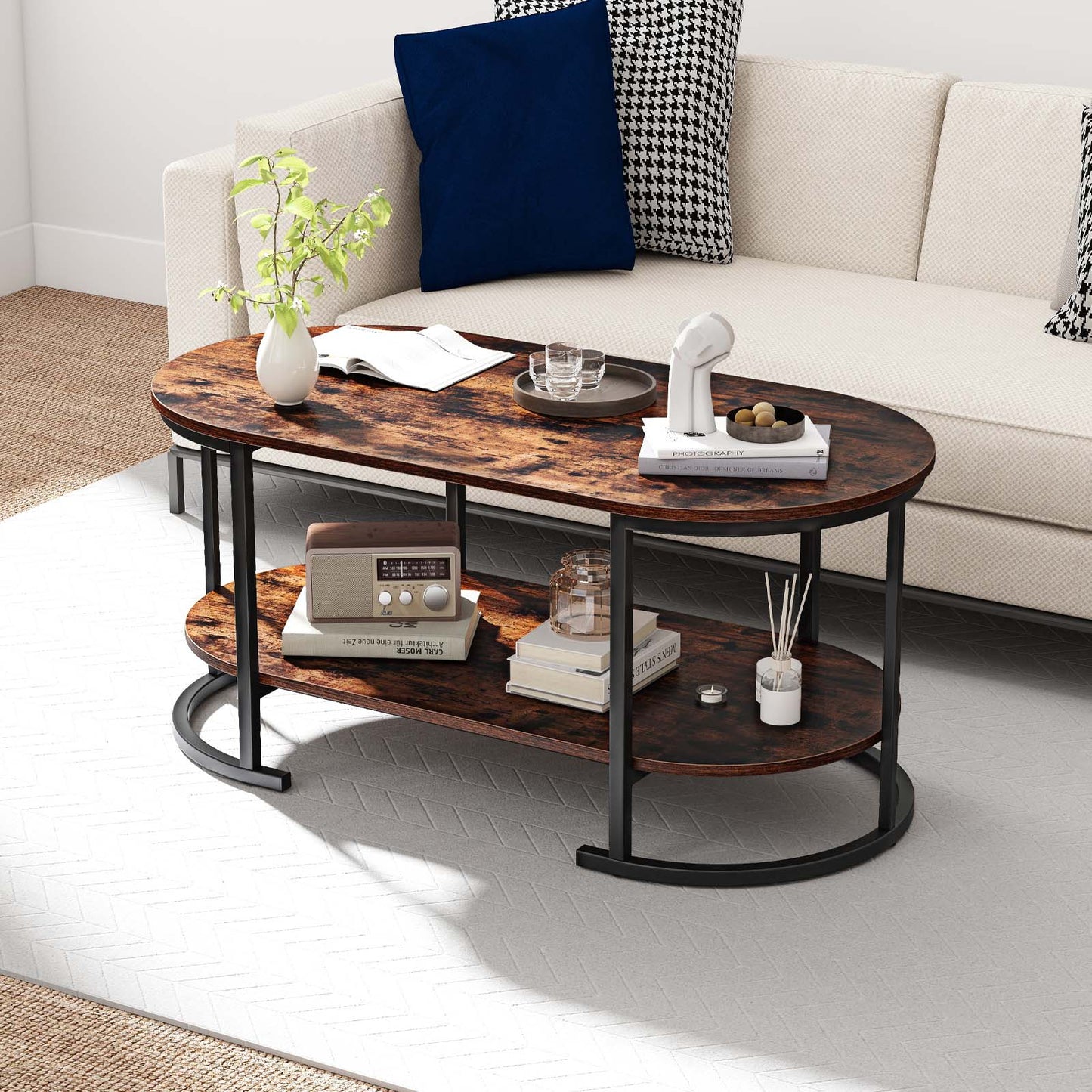 Oval Coffee Table, 2-Tier Wooden Accent Table, Rustic Brown Coffee Tables at Gallery Canada