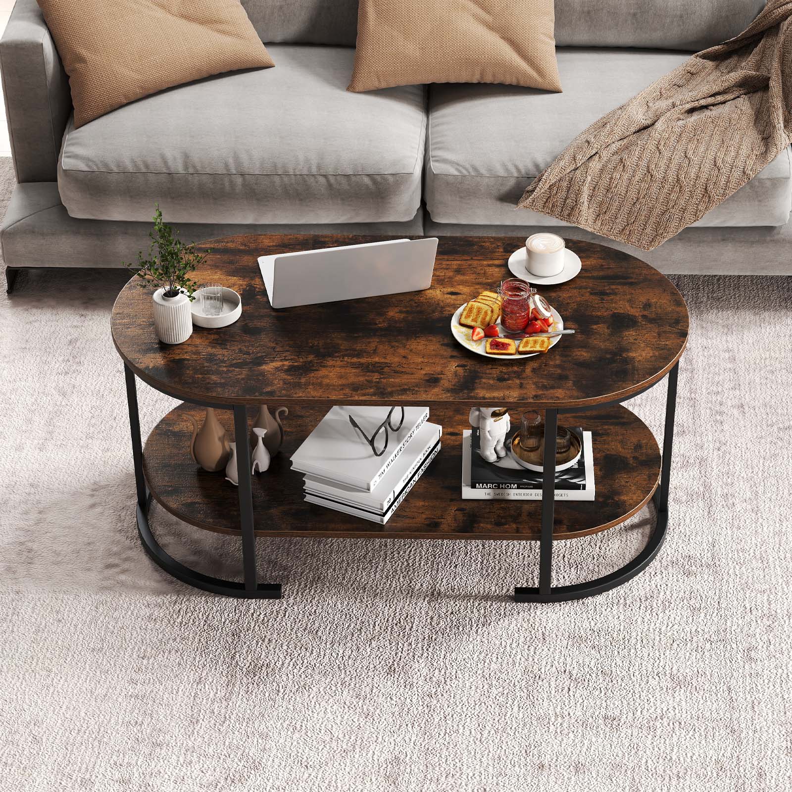 Oval Coffee Table, 2-Tier Wooden Accent Table, Rustic Brown Coffee Tables at Gallery Canada