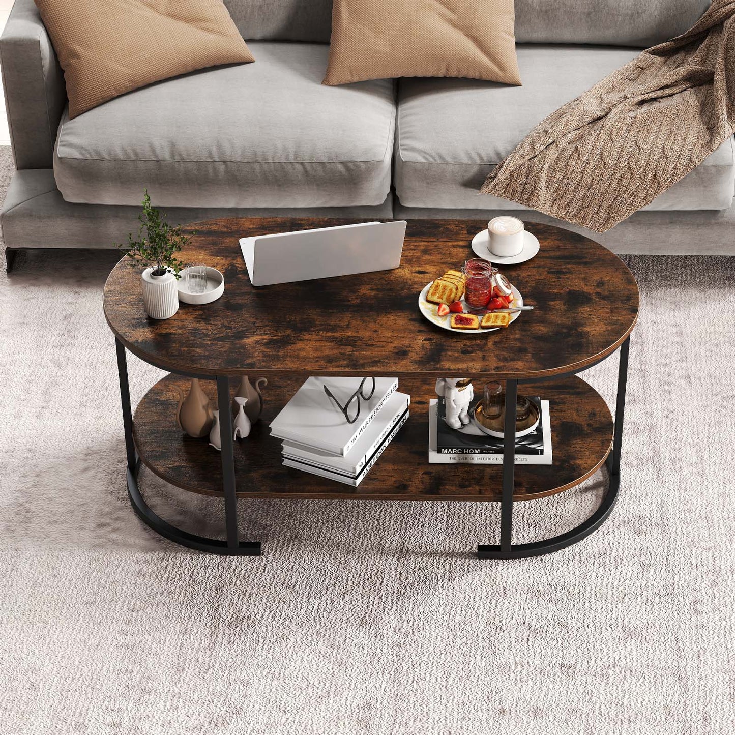 Oval Coffee Table, 2-Tier Wooden Accent Table, Rustic Brown Coffee Tables at Gallery Canada