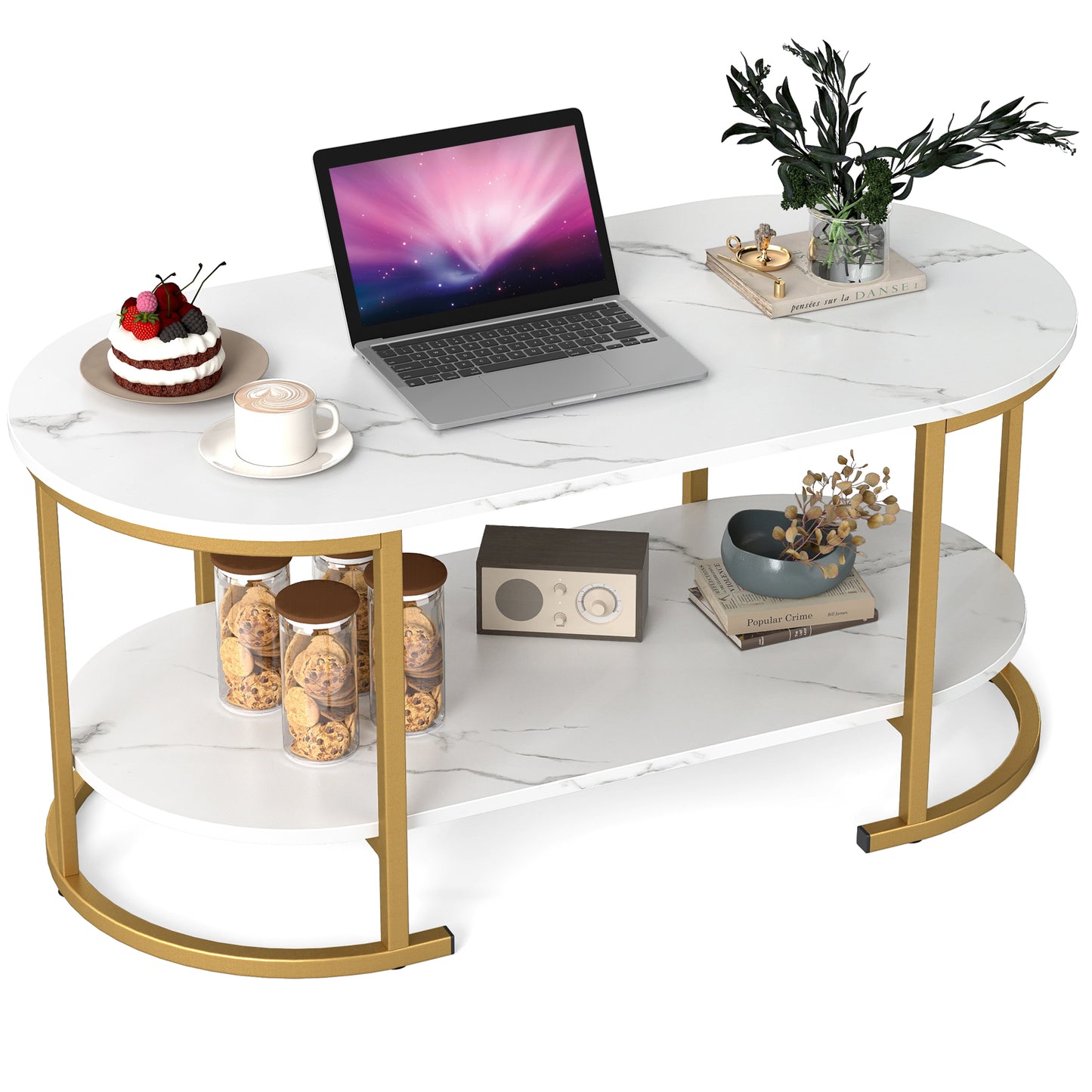 Oval Coffee Table, 2-Tier Wooden Accent Table, White Coffee Tables at Gallery Canada