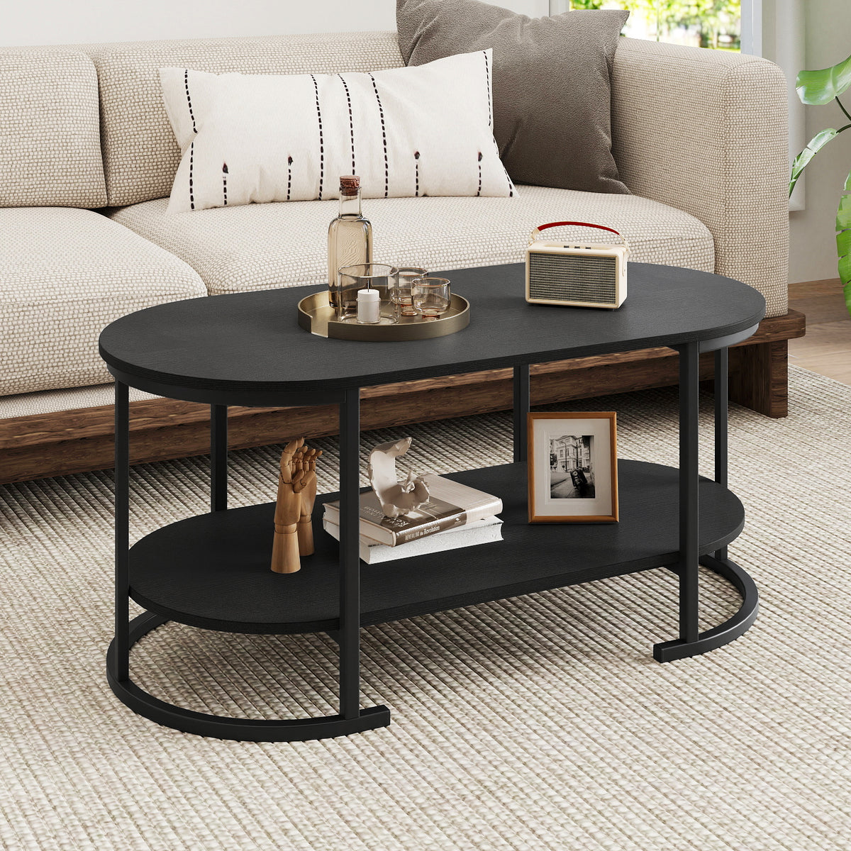 Oval Coffee Table, 2-Tier Wooden Accent, Black Coffee Tables at Gallery Canada