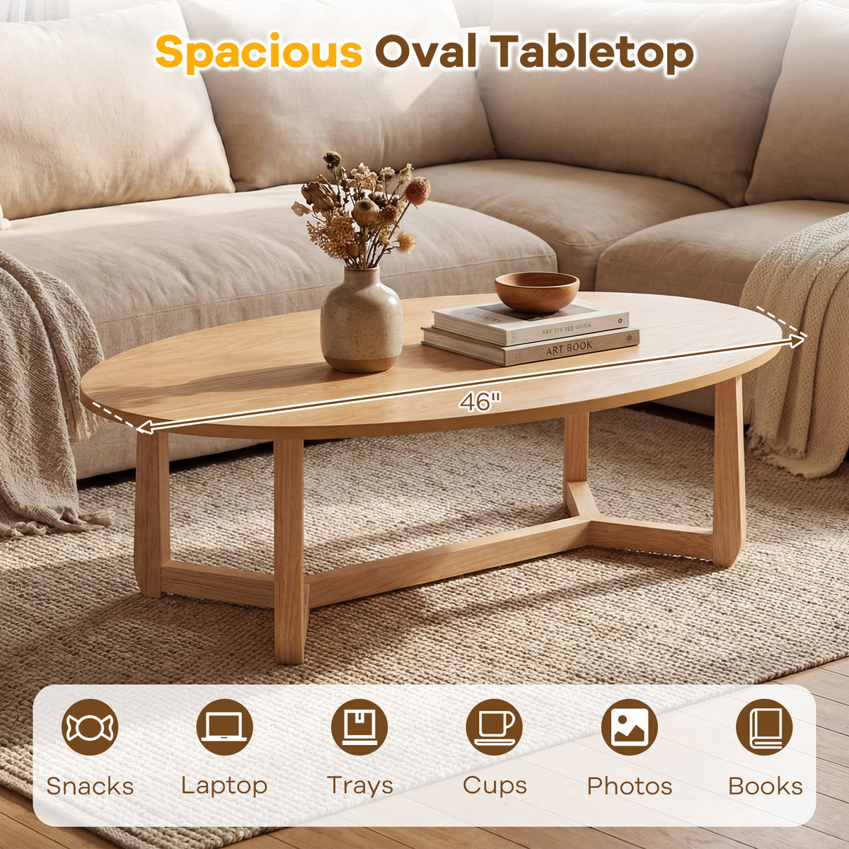 Oval Coffee Table 46 Inches, Natural Wooden Accent Table Coffee Tables at Gallery Canada