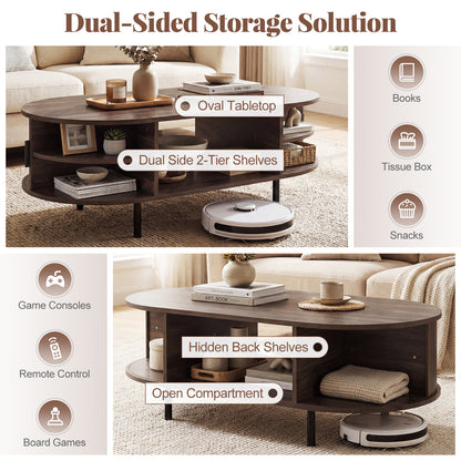Oval Coffee Table, 47.5inch, Wooden Center Table With Storage, Walnut Coffee Tables at Gallery Canada