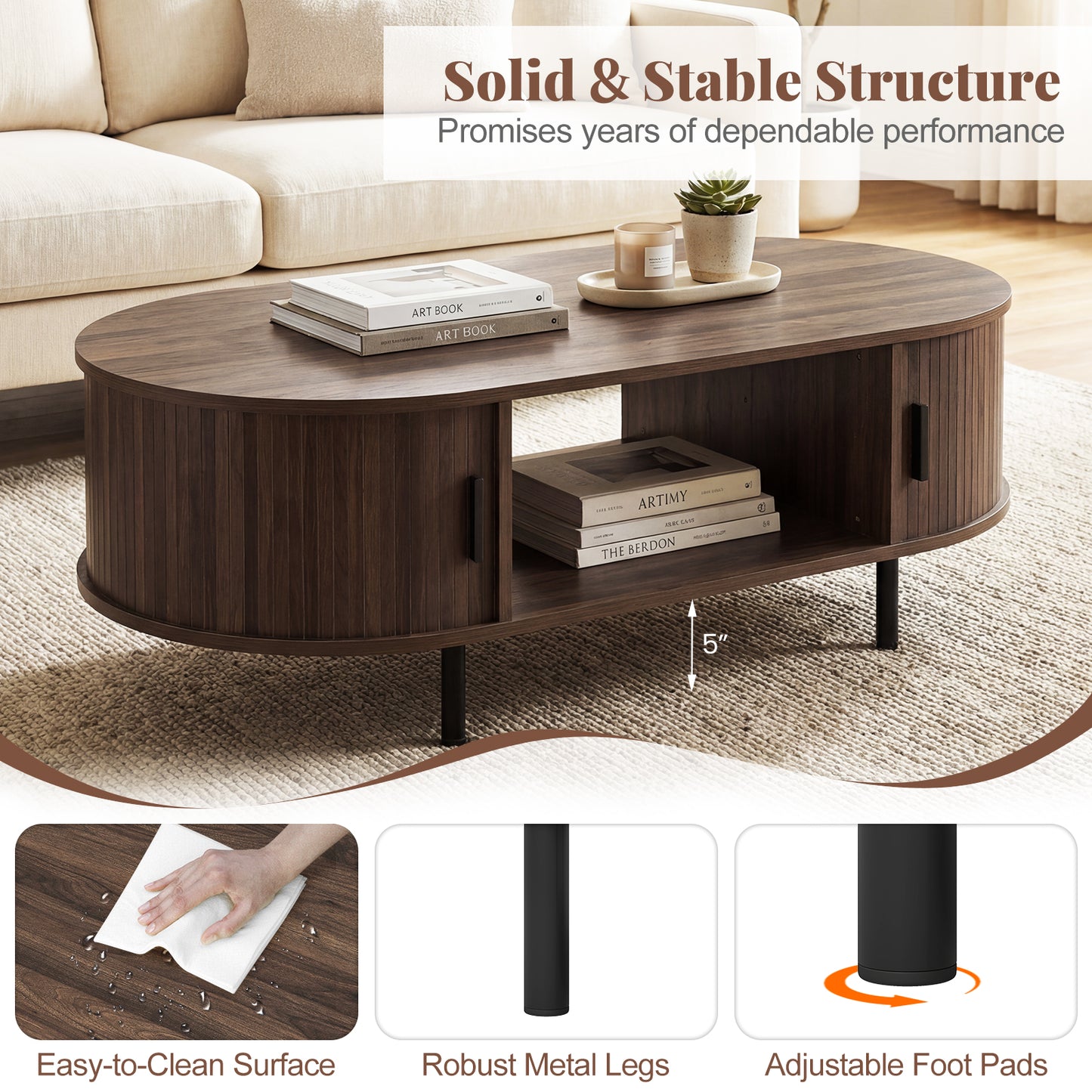 Oval Coffee Table, 47.5inch, Wooden Center Table With Storage, Walnut Coffee Tables at Gallery Canada