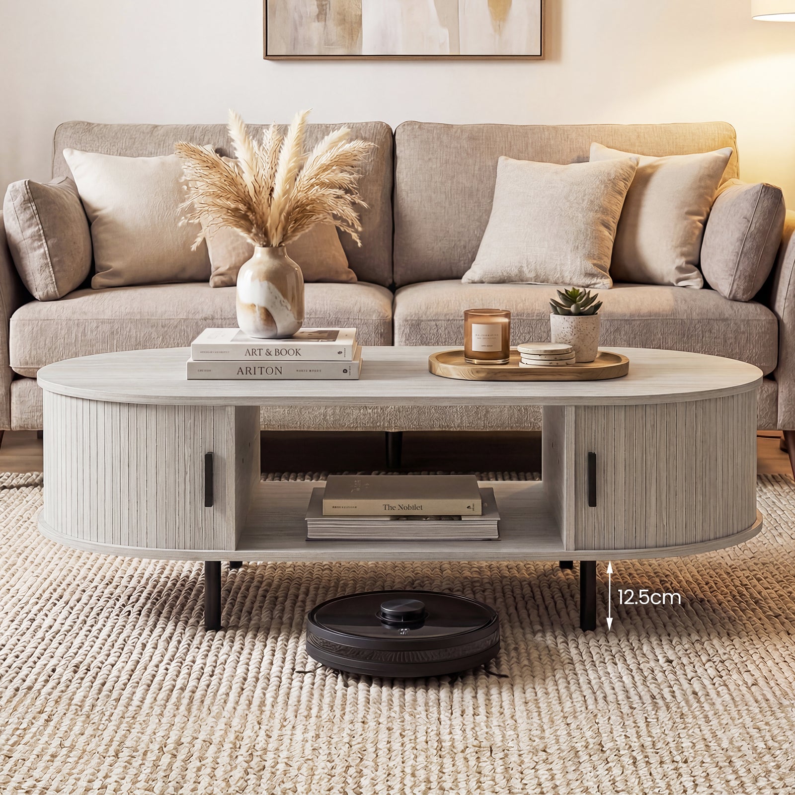 Oval Coffee Table, 47.5inch, Wooden Center Table With Storage, Oak Coffee Tables at Gallery Canada