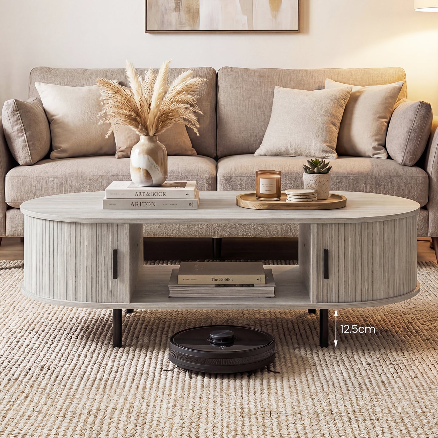 Oval Coffee Table, 47.5inch, Wooden Center Table With Storage, Oak Coffee Tables at Gallery Canada