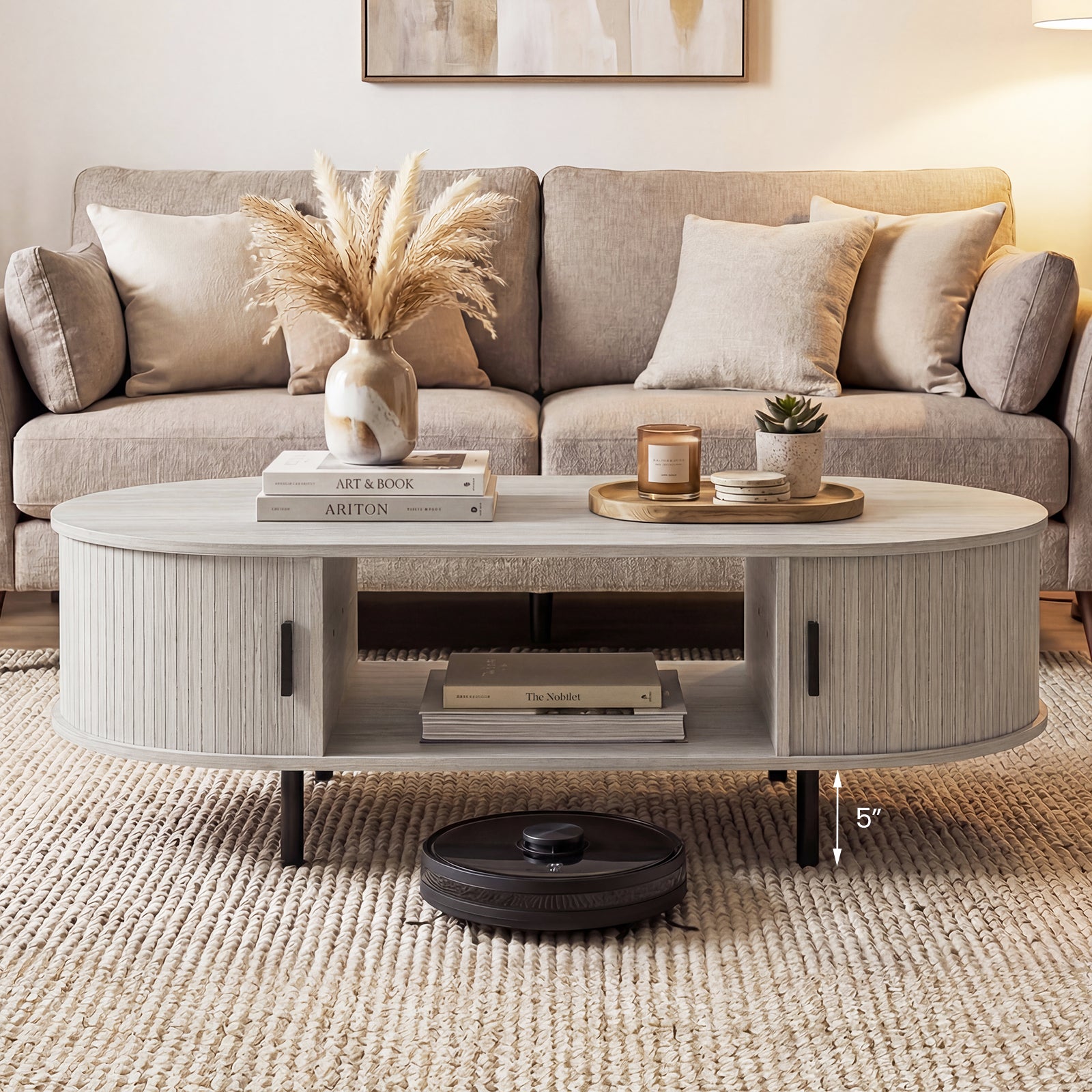 Oval Coffee Table, 47.5inch, Wooden Center Table With Storage, Oak Coffee Tables at Gallery Canada
