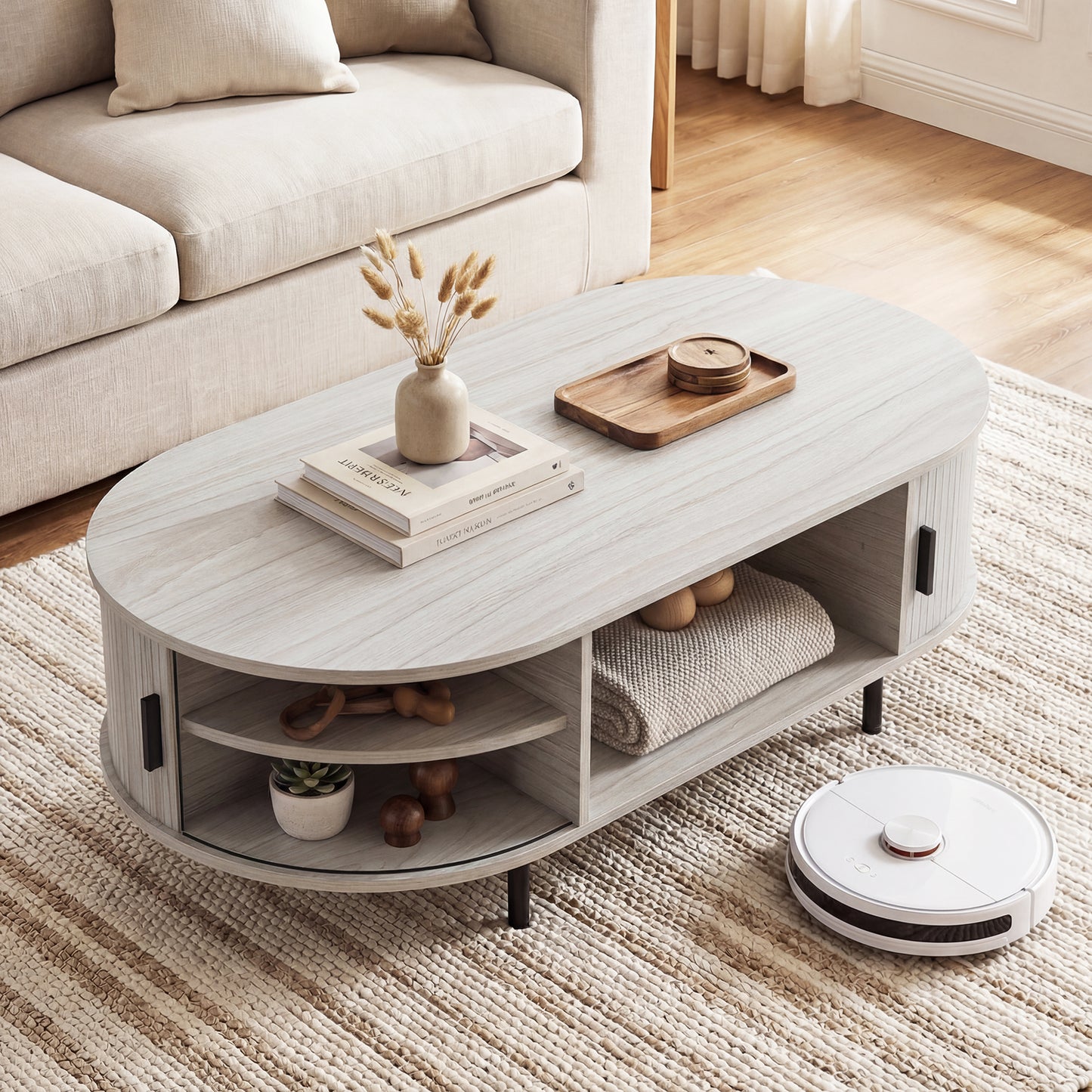 Oval Coffee Table, 47.5inch, Wooden Center Table With Storage, Oak Coffee Tables at Gallery Canada